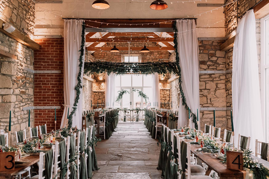 Barn interior with wedding trim